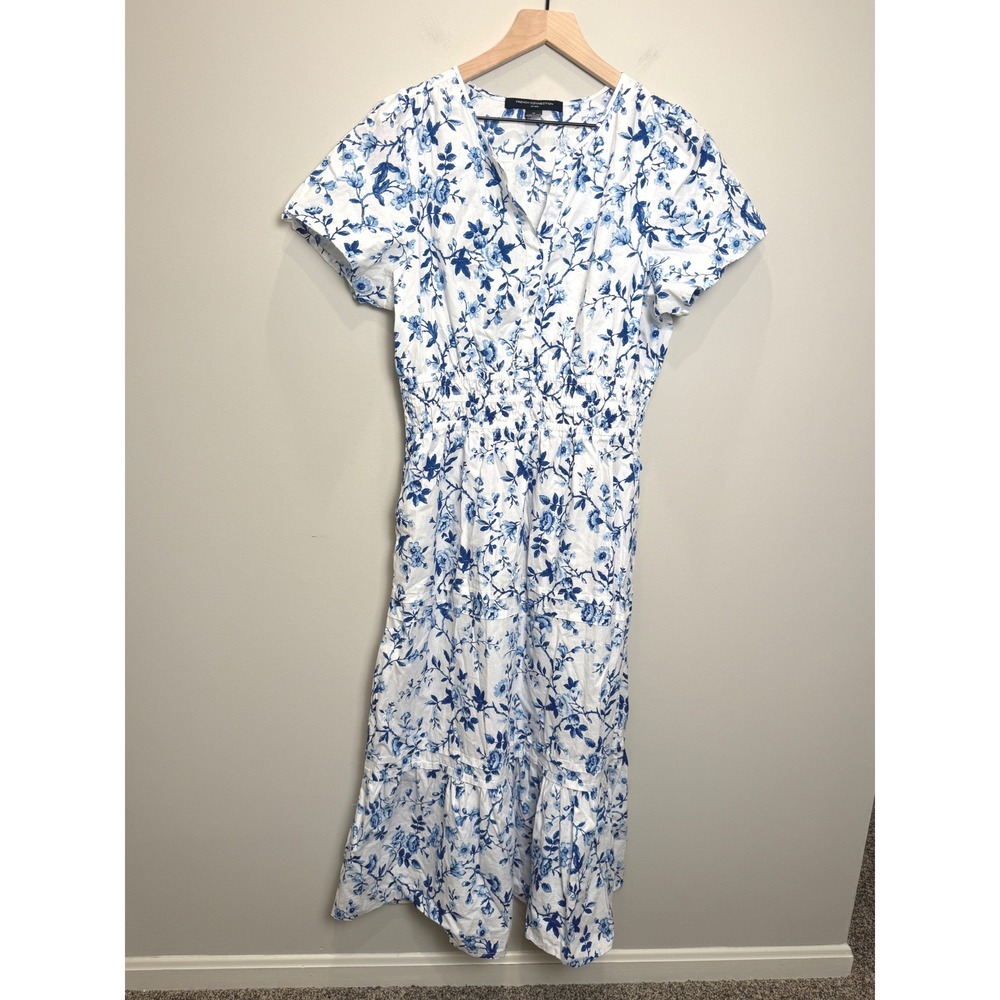 French Connection‎ M Cotton Long Midi Dress Blue White Floral Coastal Cottage